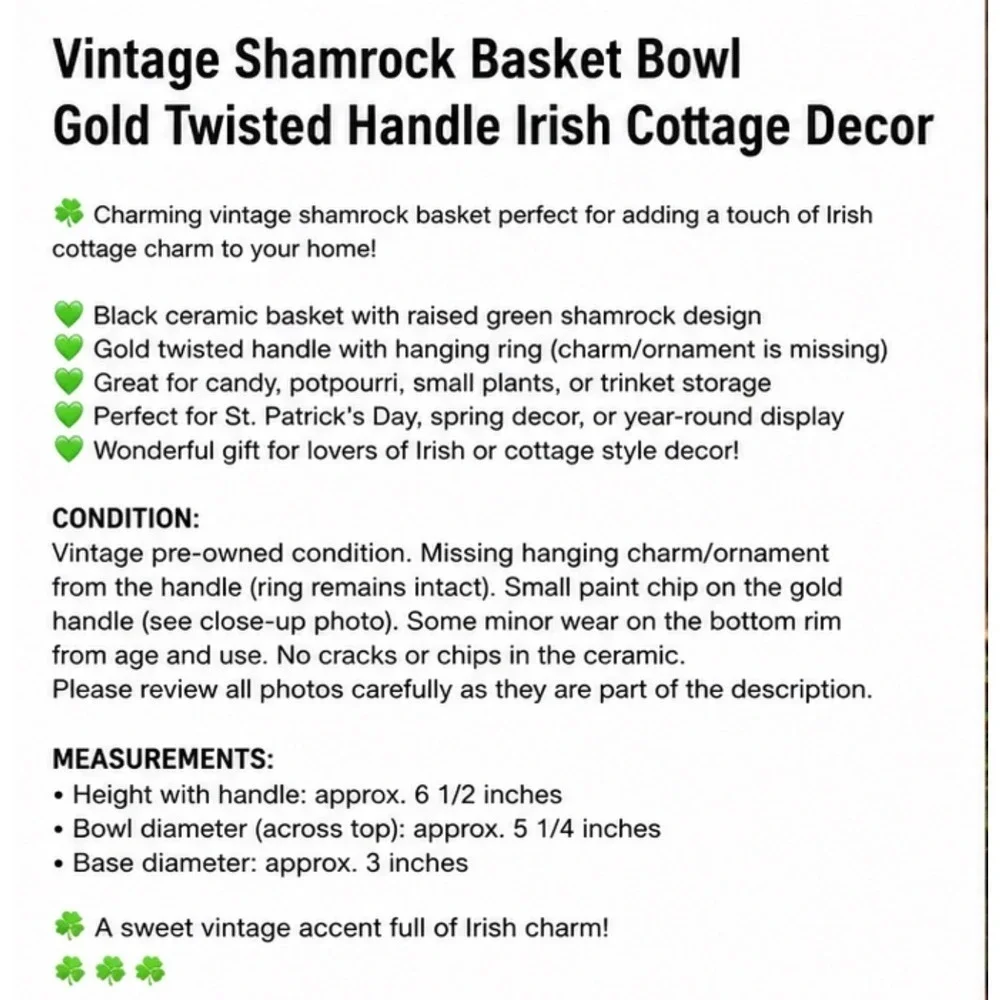 Vintage‎ Shamrock Basket Bowl Gold Twisted Handle Irish Cottage Decor